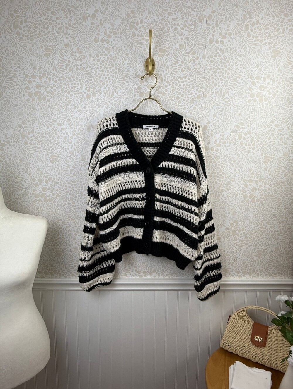 Vigoss Black and White Striped Open Knit Crochet Sweater - Size - Large